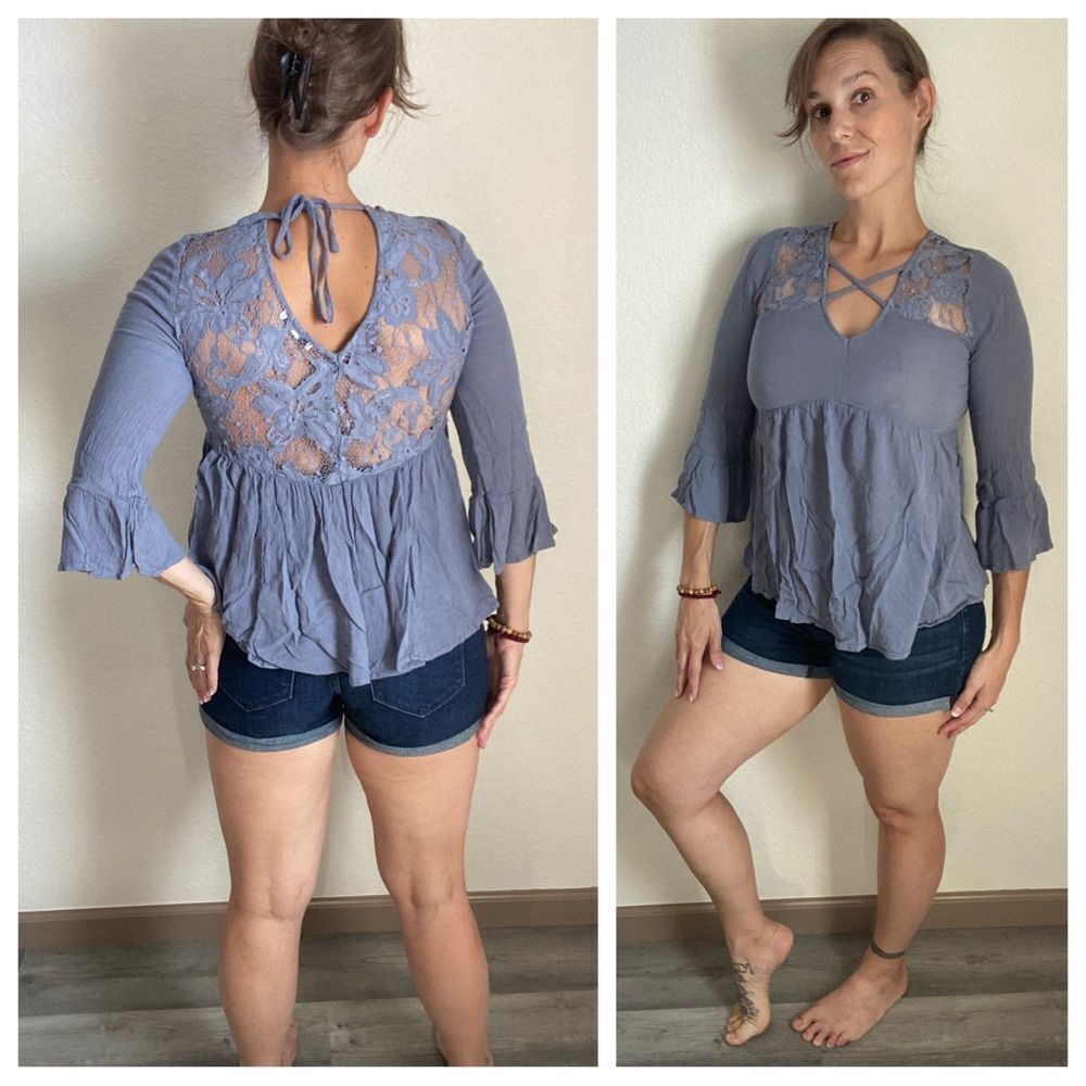 American Eagle Bell Sleeve Top Lace Periwinkle Blue Small Boho